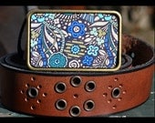 The Imogen Belt- Leather Belt with Graphic BLue and Green Buckle