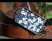 The Sabrina  Belt- Leather Belt with White and Blue Flower Buckle