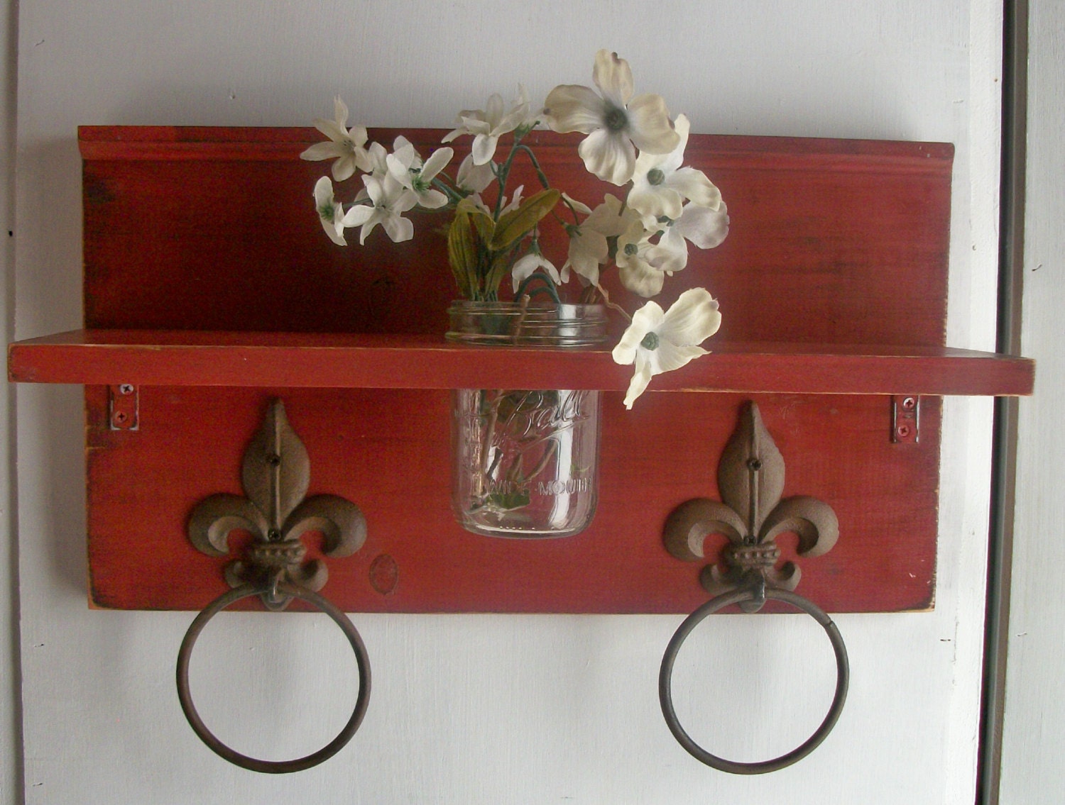 Country Primitive Cottage Bathroom or  Kitchen Fleur de Lis Towel Rings Shelf with Mason Jar