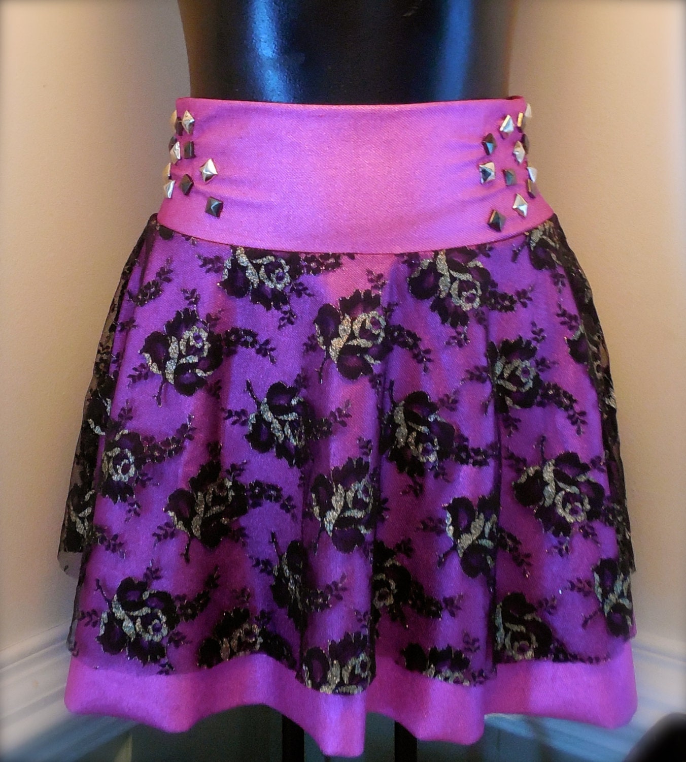 Belle of the Dive Bar - Studded Metallic Fuschia Denim  Mini Skirt