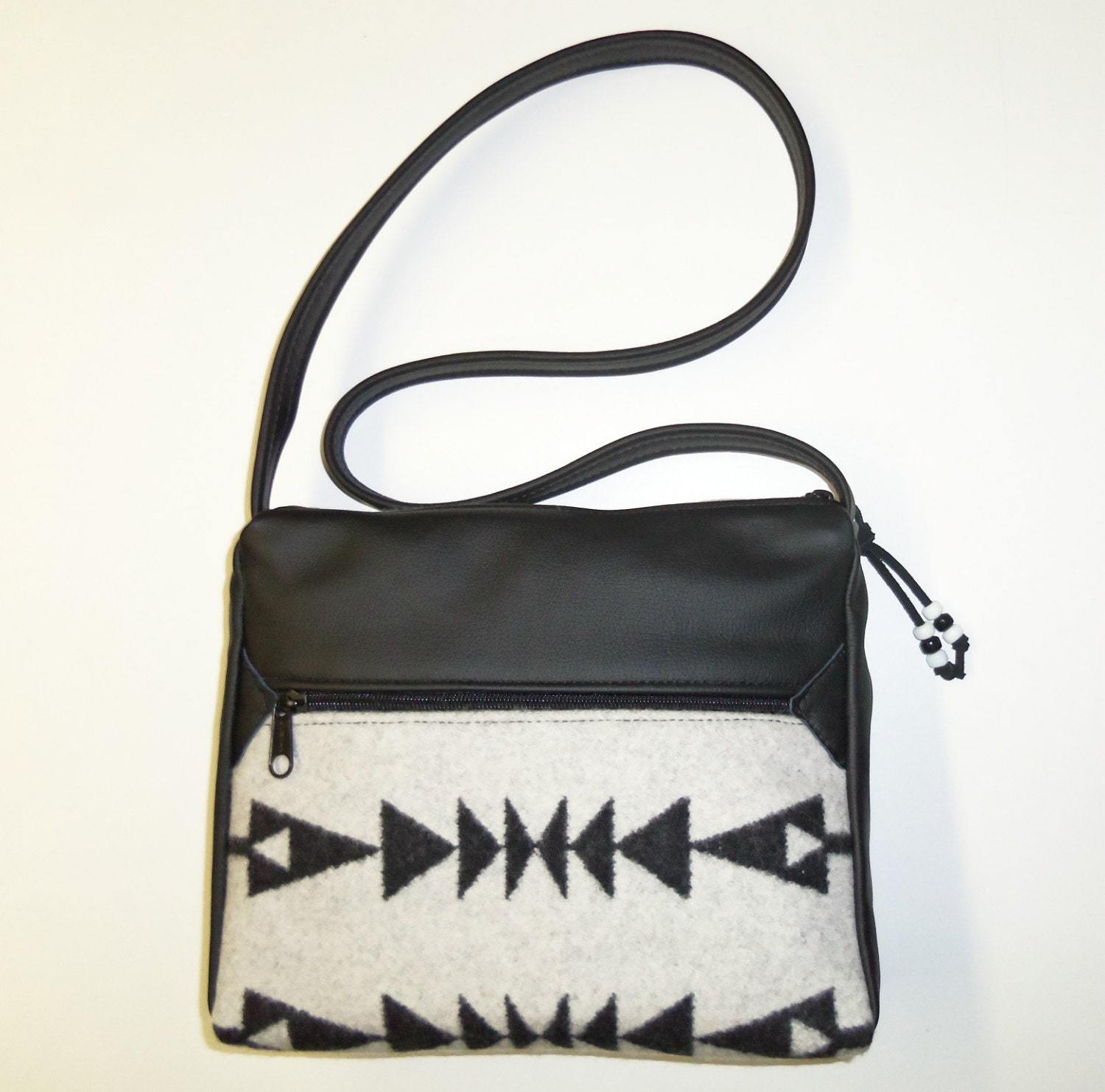 Purse Shoulder Bag Winter White Wool Black Leather Arrows Tribal Inspired