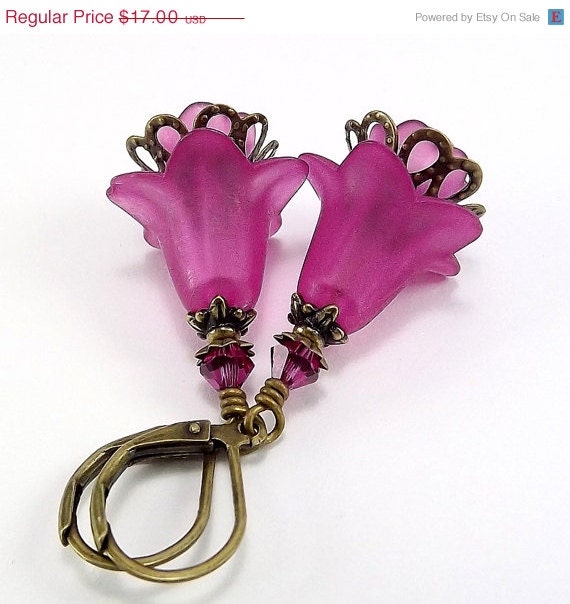 SALE Antique Brass Earrings - Lucite Fuchsia Trumpet Flowers