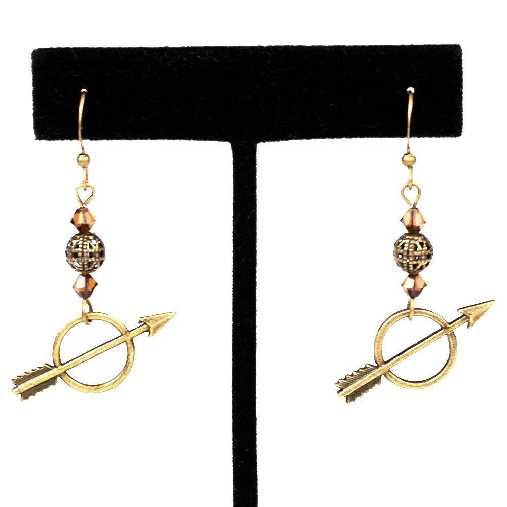 Steampunk Hunger Games Inspired Antiqued Brass Arrow Earrings with Filigree and Swarovski Topaz Crystal Beads by Velvet Mechanism