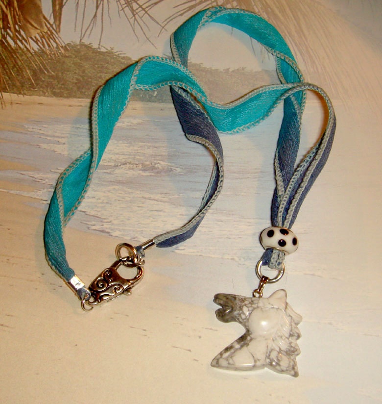 Natural white stone horse pendant on a beautiful silk ribbon necklace