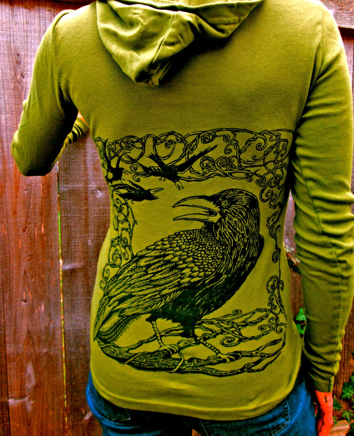 Green Raven Crow Bird Long Sleeved Cotton Ribbed Double Sided Hoodie Sizes Sm, L, XL