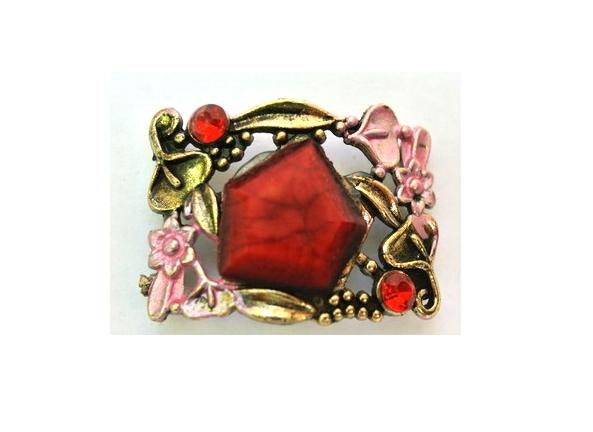 BEAD, metal jewel bead  with red trim and rhinestones with flowers retro vintage style