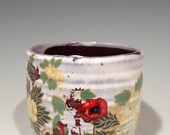 Cup with  purple and white glaze and vintage flower decals