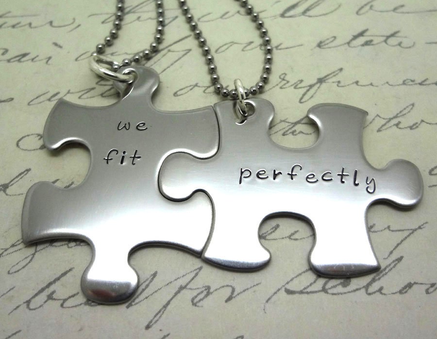 Puzzle Piece Couples Necklace Set - Hand Stamped Custom - We Fit Perfectly - Fiance BFF Boyfriend Husband Partner