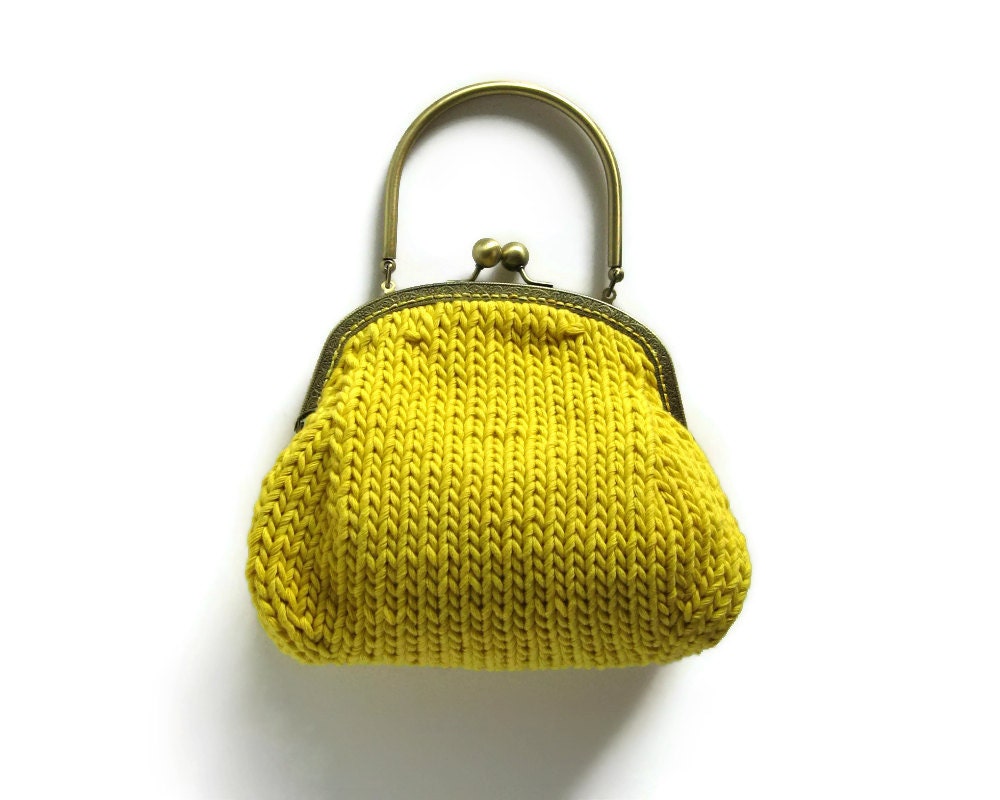 Yellow Bag Purse Knitted in Cotton with Brass Handles