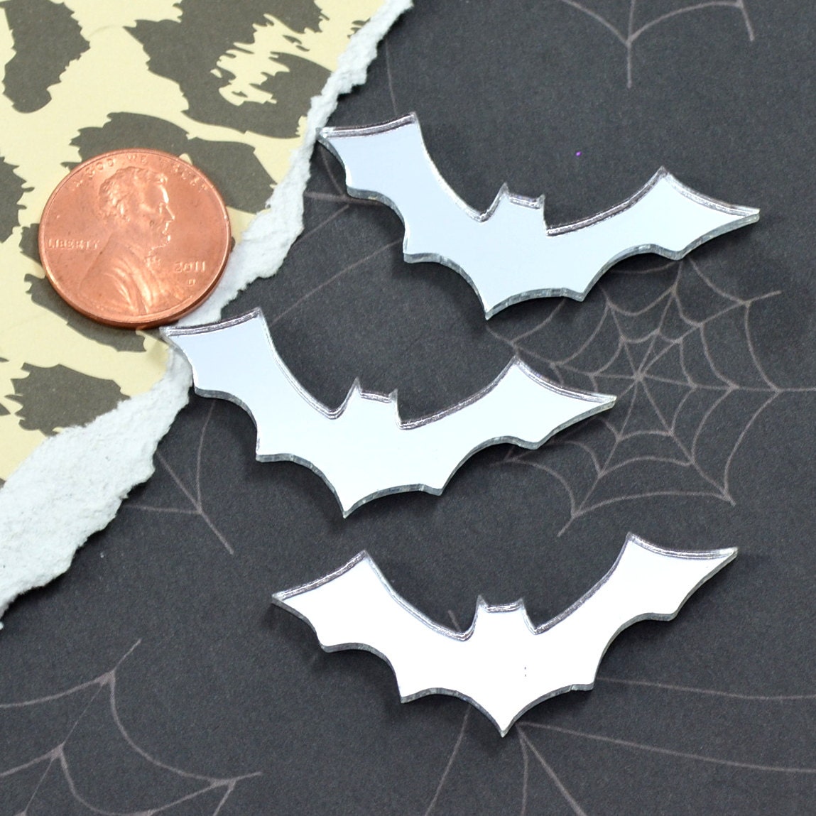 SILVER BAT CABS -  3 Laser Cut Acrylic Cabochons - Silver Mirror