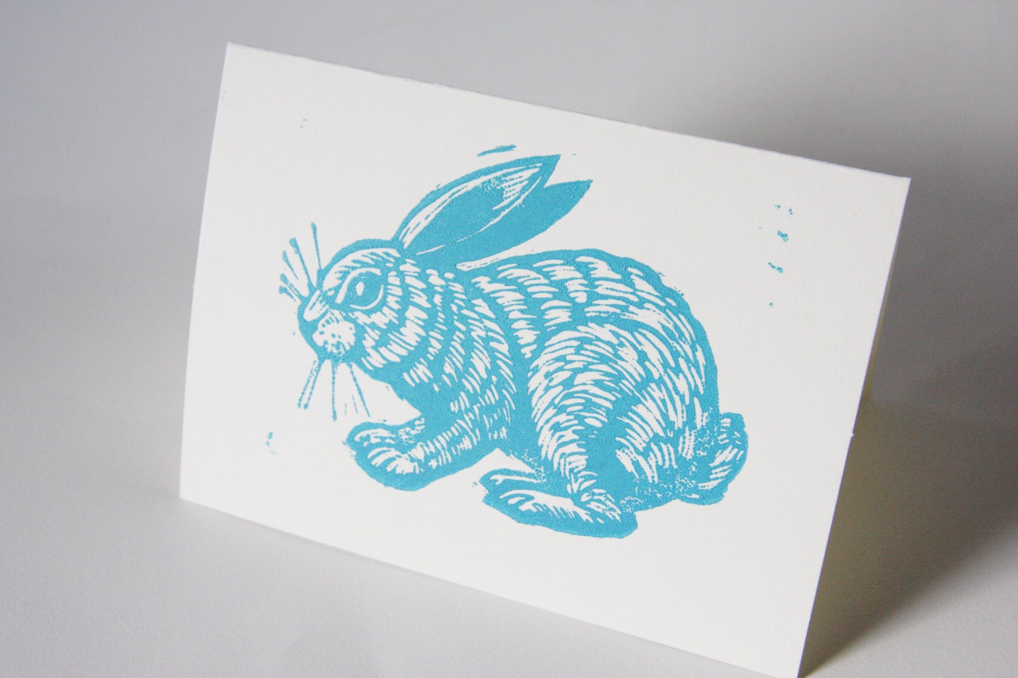 Blue Rabbit Linocut Blank Greeting Card