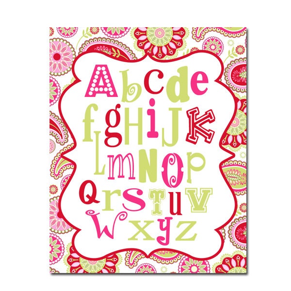 Paisley Pink Red Green Alphabet ABC 11x14 Print Poster Wall Art Child or Crib Nursery Home Decor Gift Quote Picture Font Typography