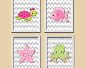 Nautical Girl Ocean Sea Pink Green Star Fish Turtle Cute Set of 4 Prints Wall Decor Art Child Bathroom Decor