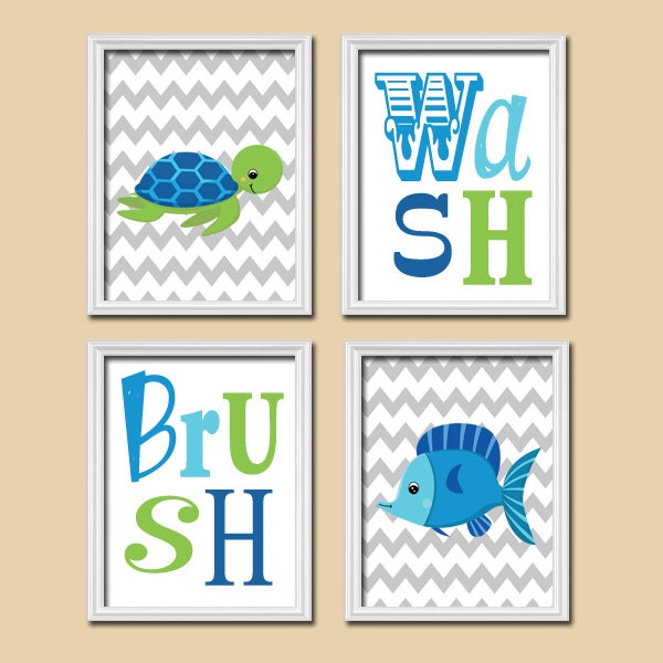 Nautical Wash Brush Boy Ocean Sea Blue Green Fish Turtle Cute Set of 4 Prints Wall Decor Art Child Bathroom Decor