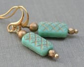 Mint Green Glass and Gold Earrings, Matte Jade French Hook, Crosshatch Matte Gold Earrings