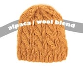 Hand Knit Mens Beanie - Cable Knit Hat - Alpaca Wool Blend Yarn - Mustard Yellow