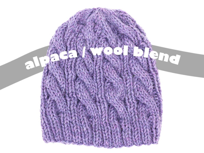 Hand Knit Mens Beanie - Cable Knit Hat - Alpaca Wool Blend Yarn - Lilac Purple