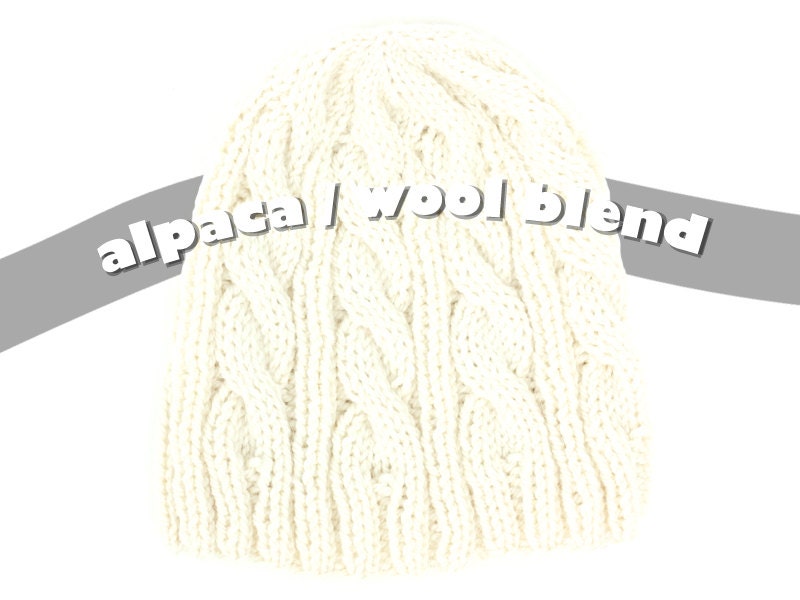 Hand Knit Mens Beanie - Cable Knit Hat - Alpaca Wool Blend Yarn - Cream