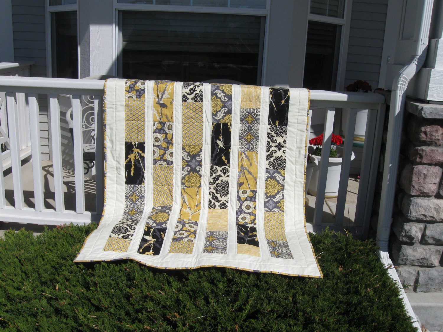 Handmade Stacked Bricks Quilt in Aviary 2 fabric by Joel Dewberry