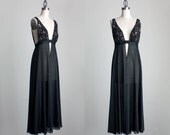 Black Lace Maxi Slip Dress 1980s Vintage Black Lace Plunging Neckline Sheer Maxi Slip Dress