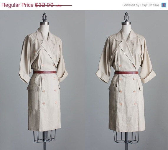SALE 30% Off Linen Wrap Dress 1980s Vintage Tan Linen Wrap Style Dress
