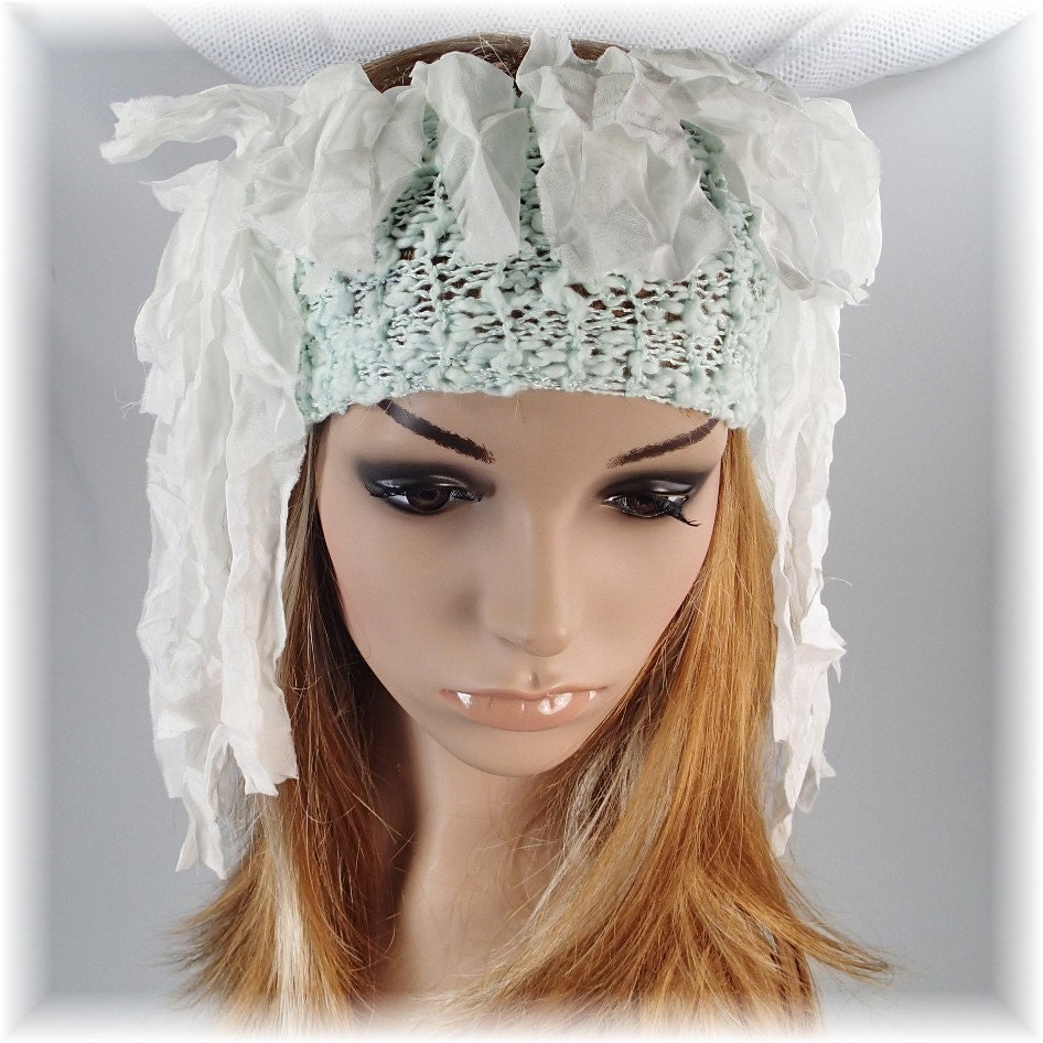 Knitted Cotton Headband with silk sari ribbon