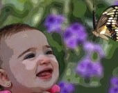 5x7 digital fine art photography giclee print of baby with butterfly and spring flowers