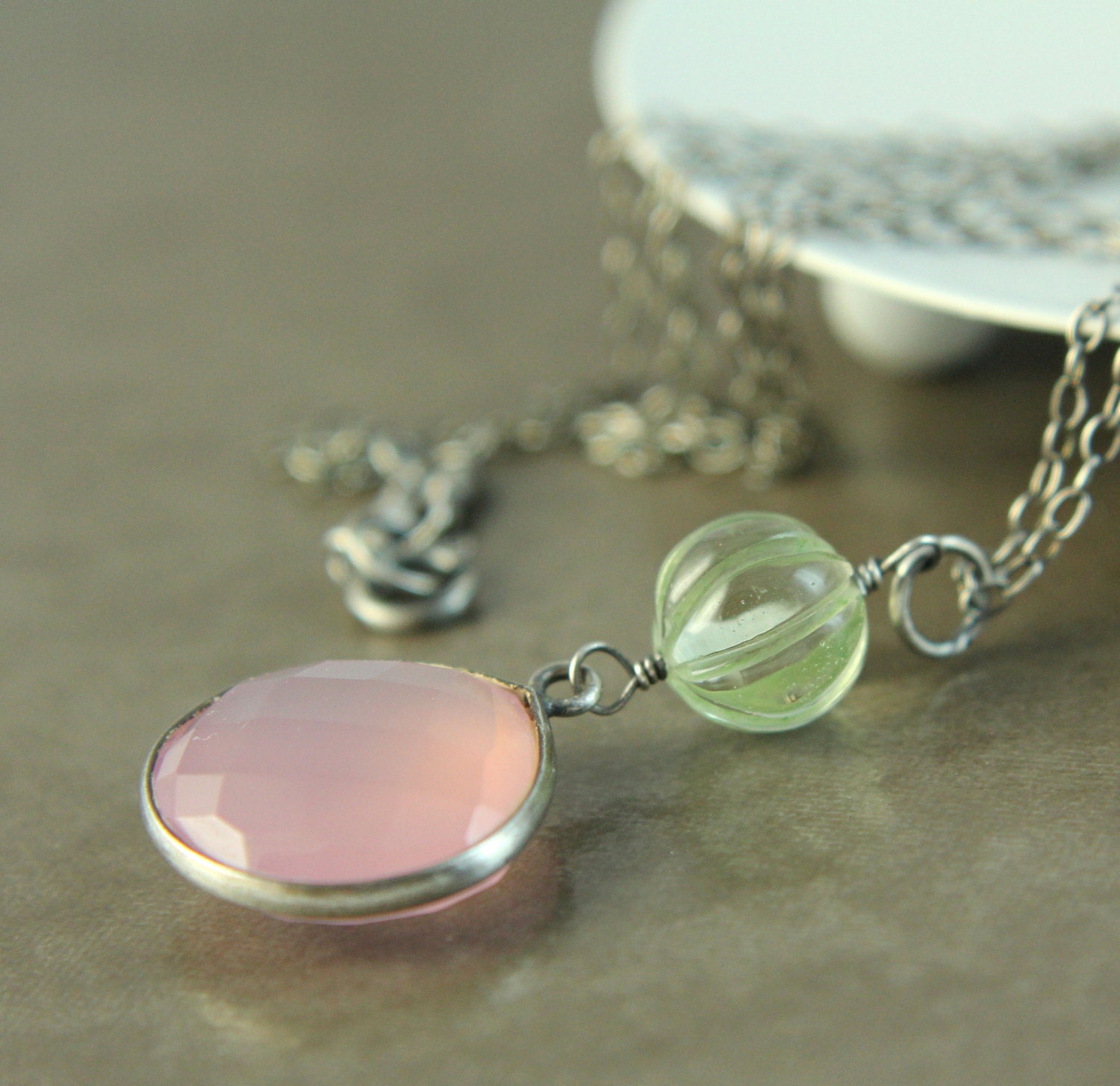Gemstone  Necklace -   Pink Chalcedony -  Green Amethyst  -  Oxidized Silver - Wire Jewelry     - Handmade Jewelry