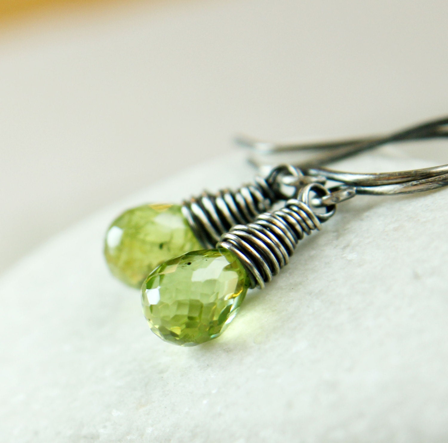 Green Peridot   Earrings  -     Oxidized Silver -  Handmade Jewelry -  Birthstone Earrings  - Wire Jewellery   -  Peridot Jewelry
