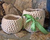 Crochet Baskets, Crochet Bowl, Tan with Green Ribbon Bow - Annabelle Baskets