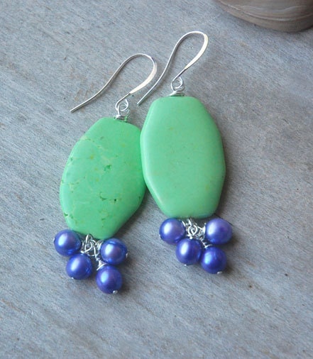 Green Hexagon Earrings, Turquoise, Mauve Pearls, Gift for Her