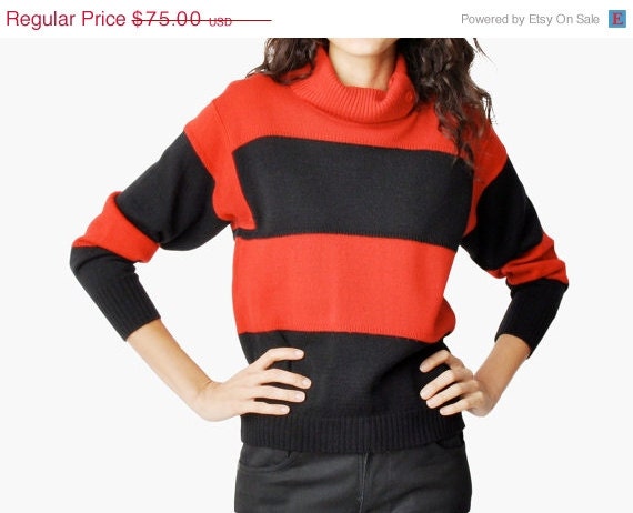 SALE - Vintage Rodier Red and Black Stripe Turtleneck Sweater
