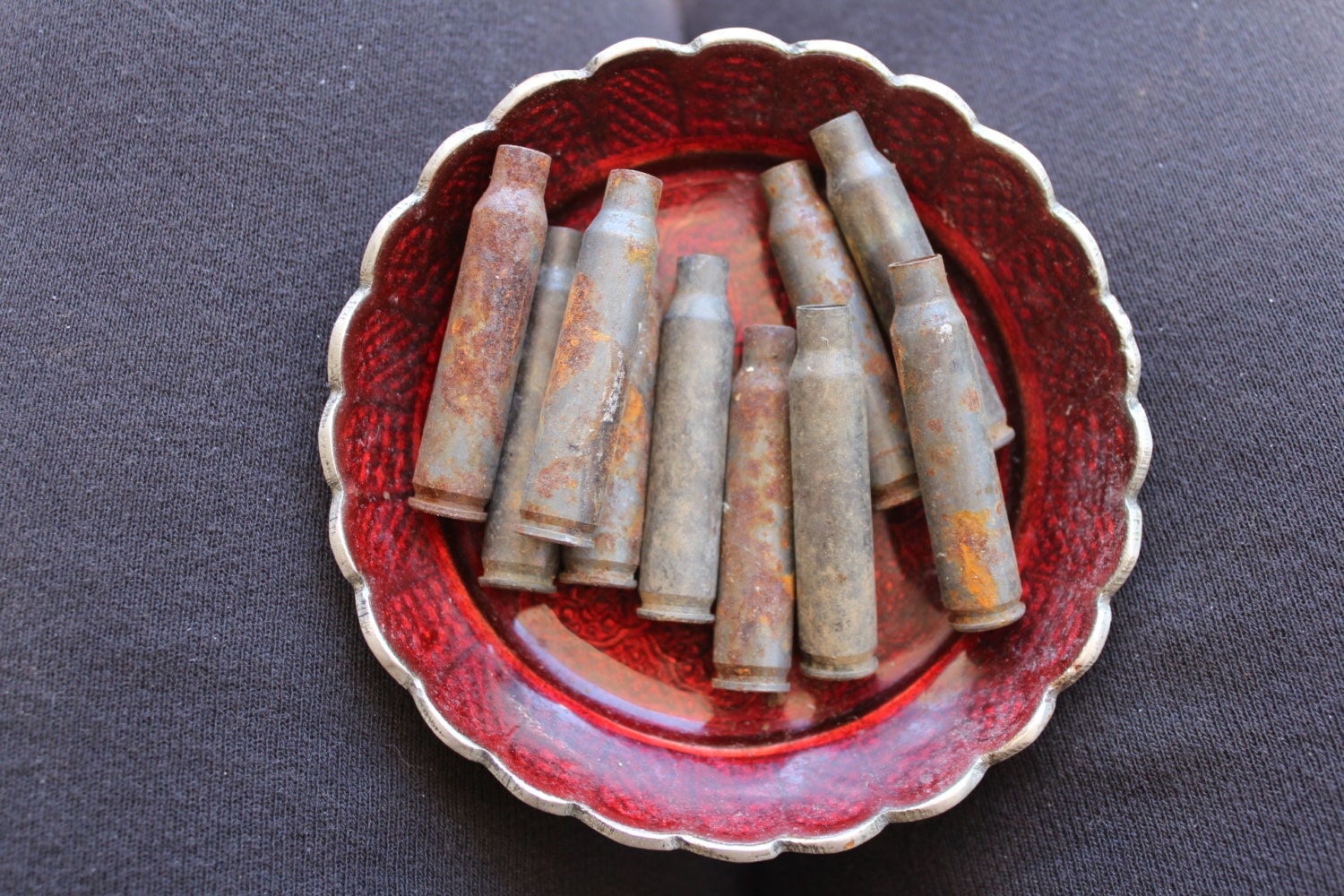 10 empty brass shell casings - 44x10mm