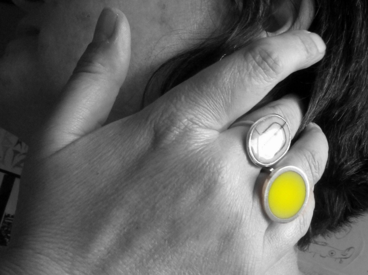 Sunny Yellow Ring - Big Round Resin & Silver Rings - Modern Cocktail Ring - imteam