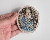 RESERVED bluebells dreamer  - larger portrait brooch - embroidery artwork folk art