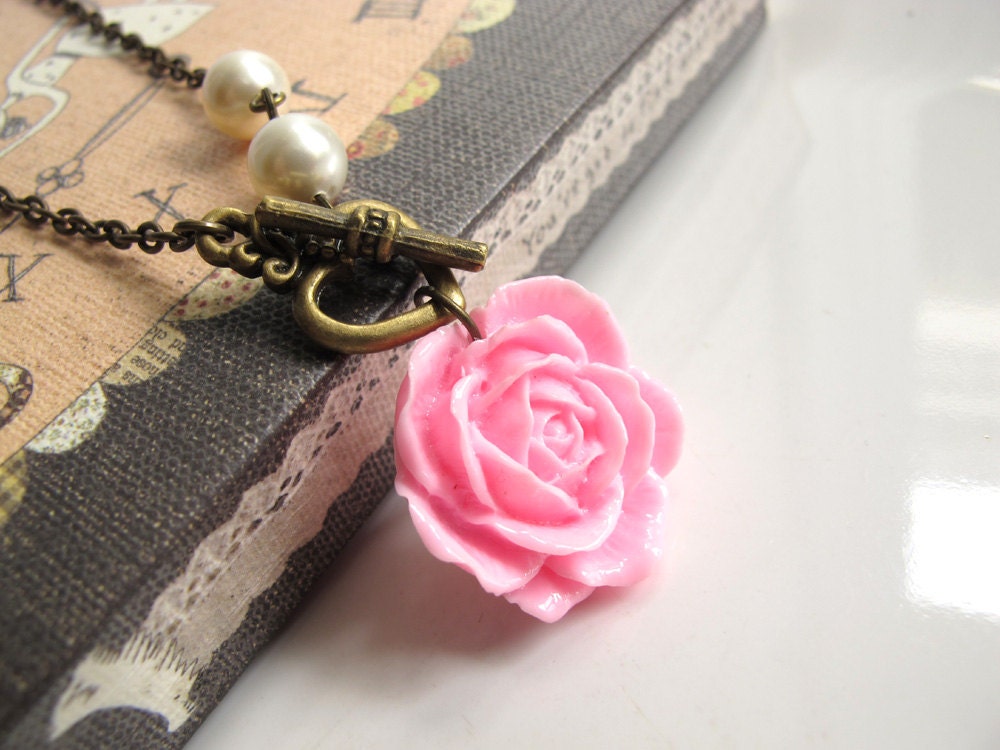Vintage inspired Lolita Pink Rose with Cream Swarovski Crystal Pearls, Heart Toggle Clasp Necklace. Bridal Wedding Gift.