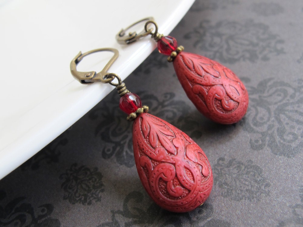 Vintage Inspired. Red Etching Modern Designs Lucite Teardrop on Red Wine. Antiqued Brass Dangle Earrings. Nickel and Lead Free Jewelry