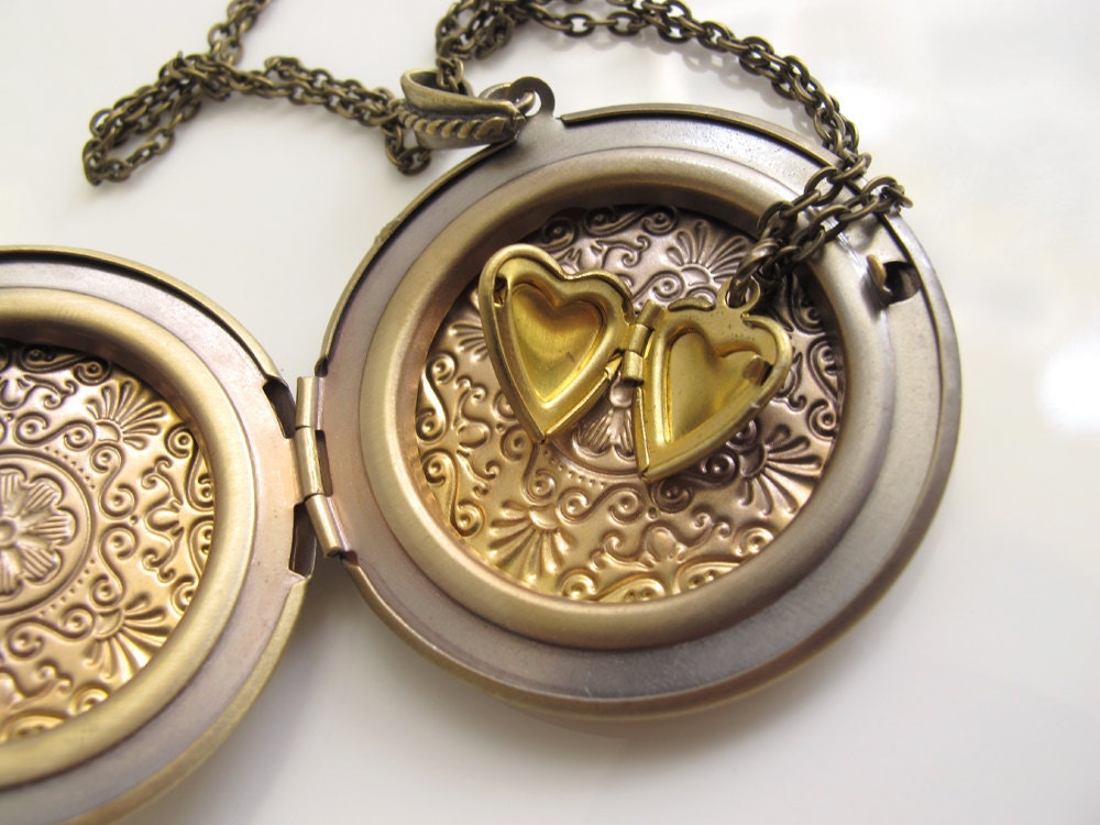 Hidden Heart. A set of 2 necklaces. Filigree Large Locket, Heart Locket. Locket in Locket. Brass Locket Necklaces. Antiqued Brass chains