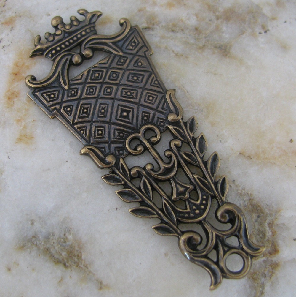 New - Crown and Shield Metal Stamping Jewelry Finding Antiqued Brass 1315 - 3 Pieces