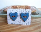 Stoneware Heart Buttons in Glossy Blue Glaze - Set of 2