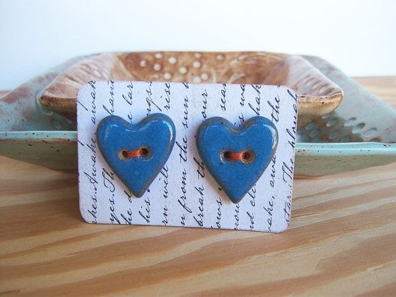 Stoneware Heart Buttons in Glossy Blue Glaze - Set of 2