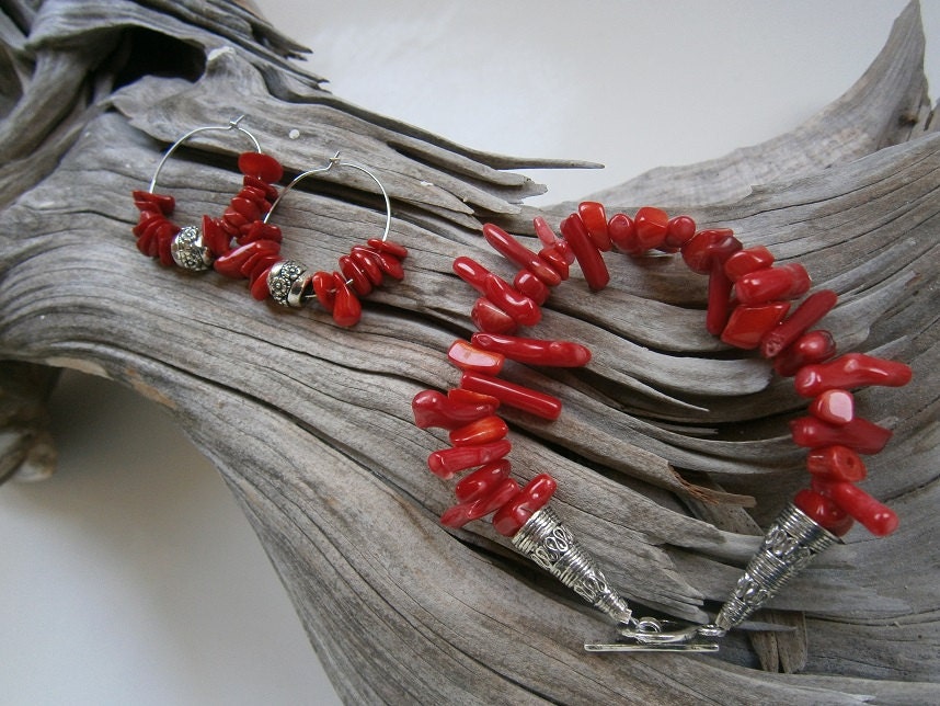Genuine Red Branch Coral Hoop Earrings with Silver Floral Bead