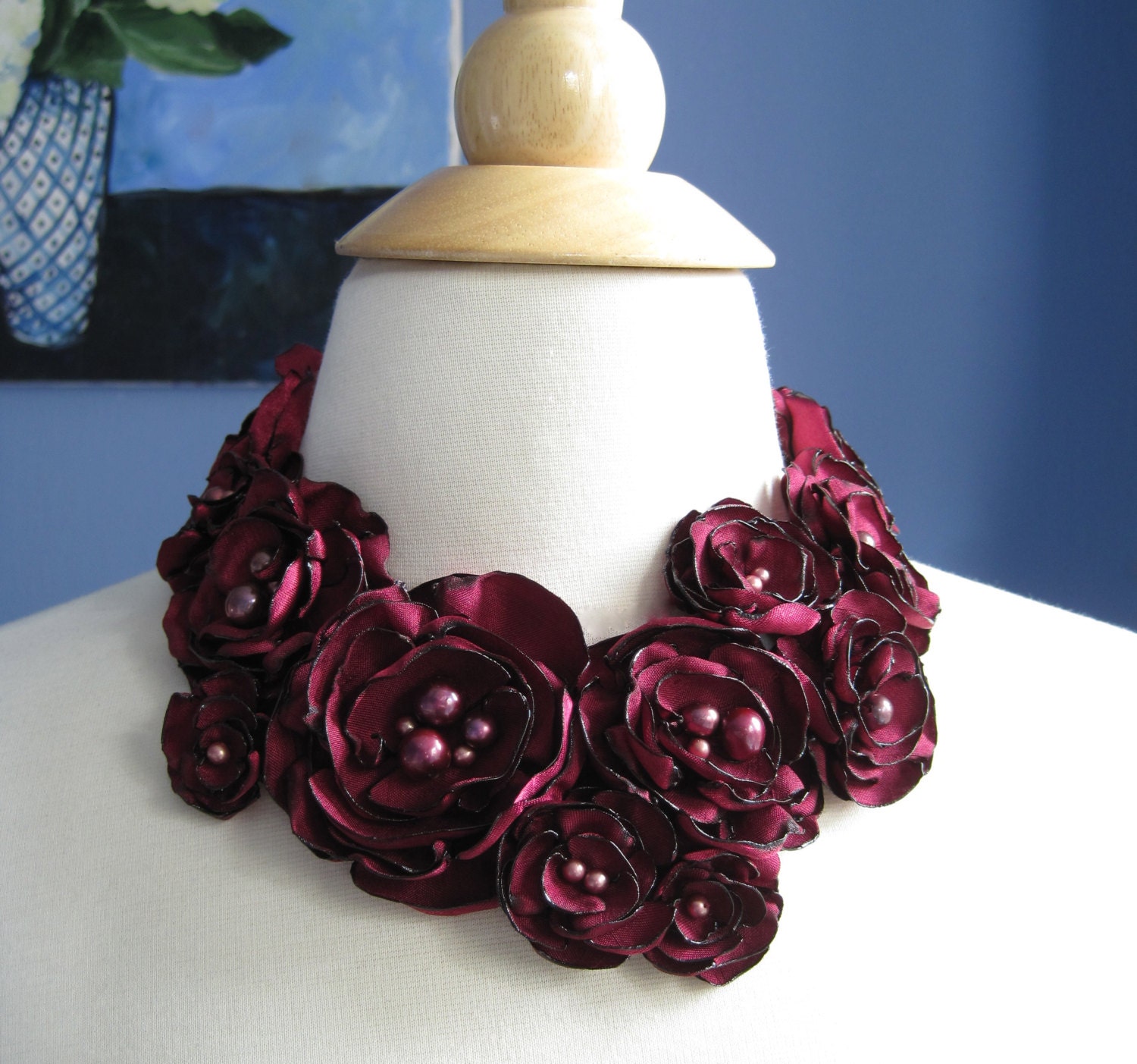 2013 BLOOM GARLAND - new design statement necklace - fabric flower  blooms with freshwater pearls OOAK