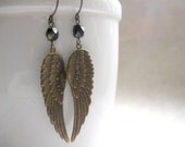 Angel wing earrings, brass - long dangles - solid brass feather earrings
