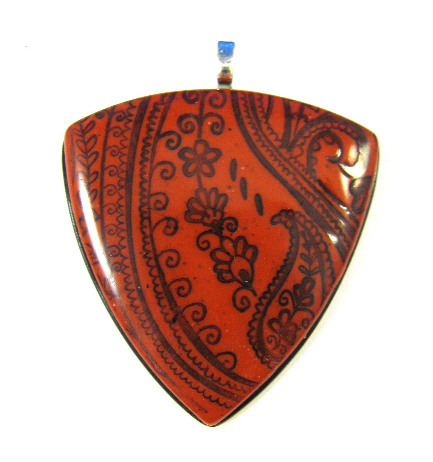 The Language of Flowers Collection - Spicy Red and Black Paisley Floral Polymer Clay Pendant or Focal Bead