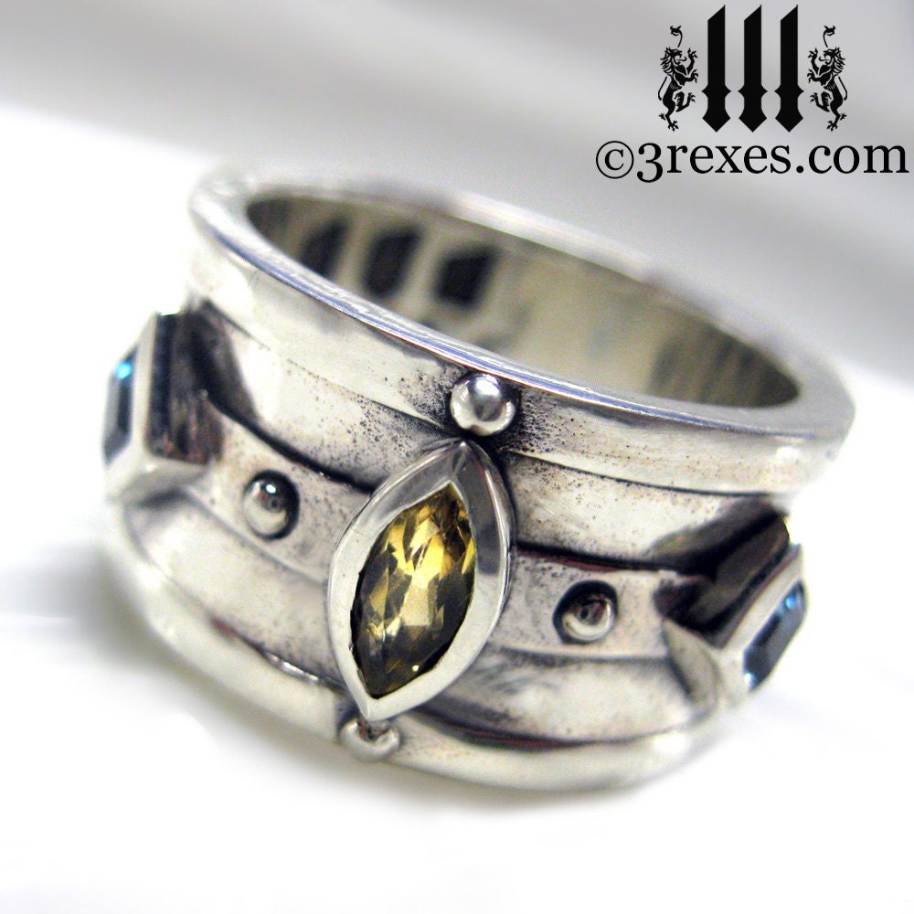 Moorish Medieval Silver Ring Citrine Blue Topaz Size 6.5 Unisex