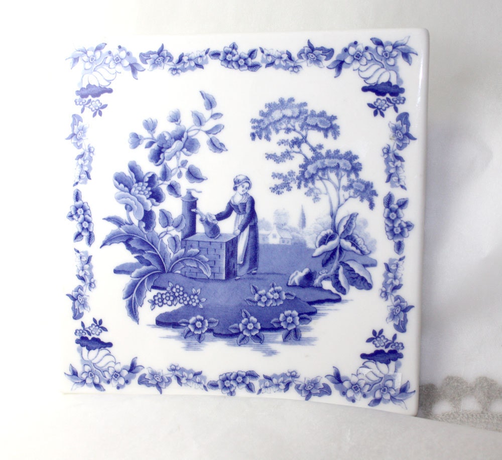 Spode Girl at Well in blue and white Trivet Wall Hanging