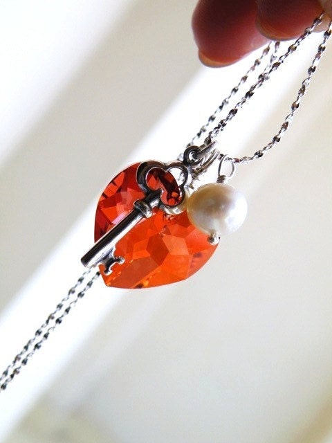 Red Swarovski Heart Necklace Sterling Silver Key Charm Pearl Valentines Wedding Jewelry Bridesmaids Jewelry