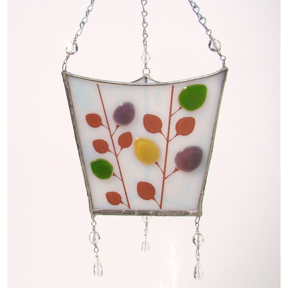 Leaves Fused Glass Lantern Hanging Candle Holder White Green Purple Amber