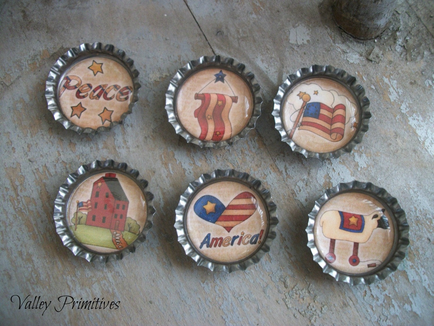 Bottle Cap Magnets - Americana, Patriotic, Flag,  America, Sheep, Saltbox House, Set of 6